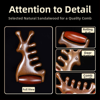 Medinis masažo šukos iš sandalmedžio – meridijinis masažas galvai ir veidui, 4-in-1 veido volelis ir gua sha masažuoklis