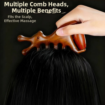 Medinis masažo šukos iš sandalmedžio – meridijinis masažas galvai ir veidui, 4-in-1 veido volelis ir gua sha masažuoklis