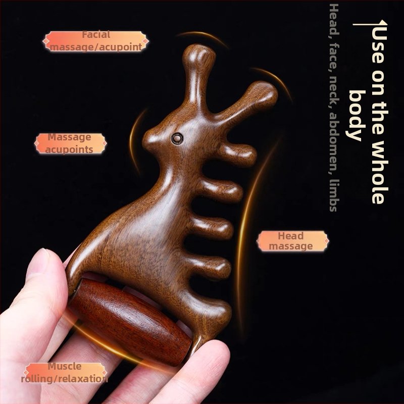 Medinis masažo šukos iš sandalmedžio – meridijinis masažas galvai ir veidui, 4-in-1 veido volelis ir gua sha masažuoklis