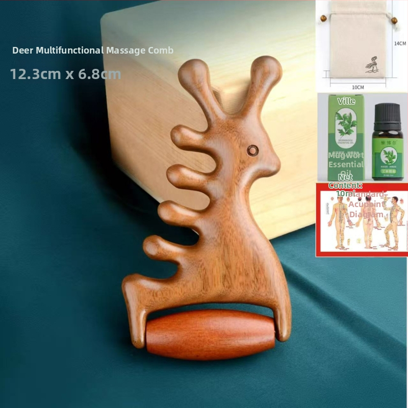 Medinis masažo šukos iš sandalmedžio – meridijinis masažas galvai ir veidui, 4-in-1 veido volelis ir gua sha masažuoklis