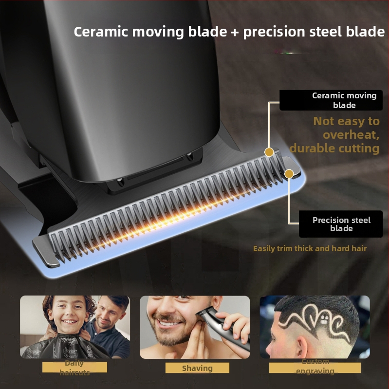 Kikido 312 elektriskais matu griezējs ar keramikas asinīm, iekšējā akumulatora jauda 1200–2000 mAh, trokšņa līmenis 36–45 dB, atdalāma un mazgājamā griešanas galviņa, ar birstēm motoru, elektroplātēts korpuss