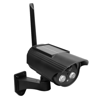 Saulės energijos judėjimo jutiklio apšvietimas su simuliuojama kamera, vidaus ir lauko naudojimui, infraraudonųjų spindulių naktinis matymas iki 5 m, ABS plastikas korpusas, įtampa 3,7V, veikimo temperatūra -5°C–55°C