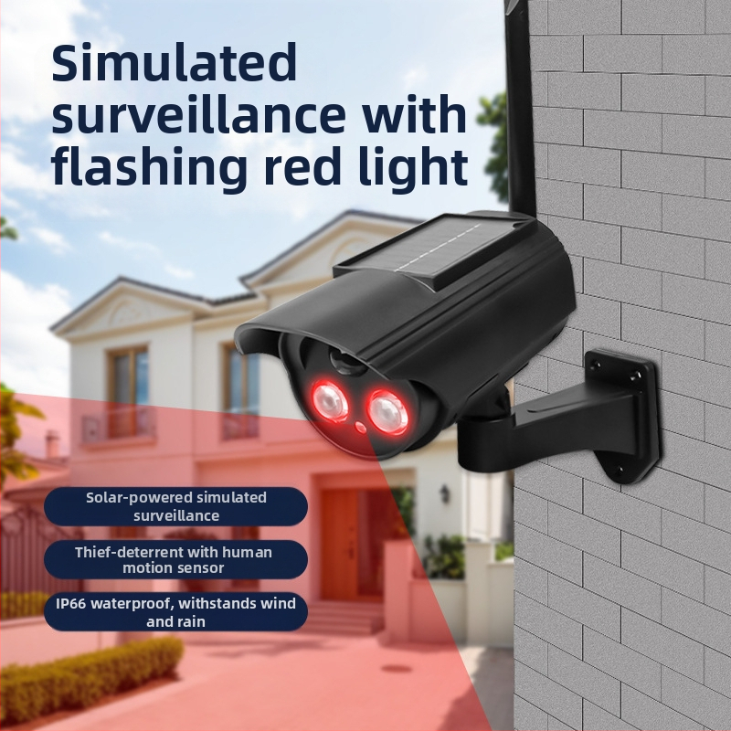 Solárne osvetlenie s pohybovým senzorom a simulovanou kamerou, vnútorné aj vonkajšie použitie, infračervené nočné videnie do 5 m, ABS plastové puzdro, napätie 3,7V, prevádzková teplota -5°C až 55°C