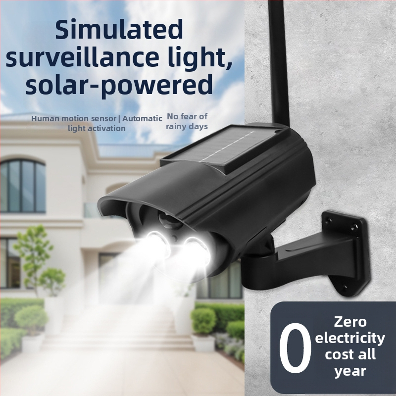 Solárne osvetlenie s pohybovým senzorom a simulovanou kamerou, vnútorné aj vonkajšie použitie, infračervené nočné videnie do 5 m, ABS plastové puzdro, napätie 3,7V, prevádzková teplota -5°C až 55°C