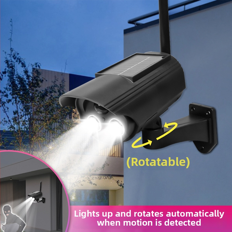 Saulės energijos judėjimo jutiklio apšvietimas su simuliuojama kamera, vidaus ir lauko naudojimui, infraraudonųjų spindulių naktinis matymas iki 5 m, ABS plastikas korpusas, įtampa 3,7V, veikimo temperatūra -5°C–55°C