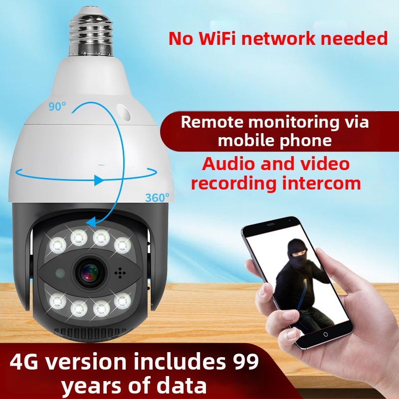 Lemputės formos IP kamera, 4G ryšys, 0.01 lux naktinis vaizdas, plataus kampo objektyvas, 12V maitinimas, vidaus naudojimui