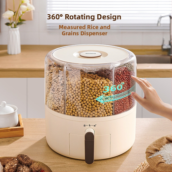 Grūdų laikymo dėžė su besisukančiu pertvara, nuo kenkėjų ir drėgmės apsaugota, uždaryta, apvali forma, talpa >5 L