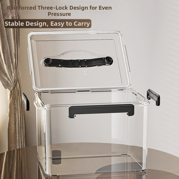 Uždaroma skaidri PET laikymo dėžė su rankena — storinto dizaino, tinkama namams ir biurui, atspari dulkėms ir drėgmei.