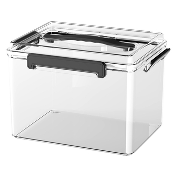 Uždaroma skaidri PET laikymo dėžė su rankena — storinto dizaino, tinkama namams ir biurui, atspari dulkėms ir drėgmei.