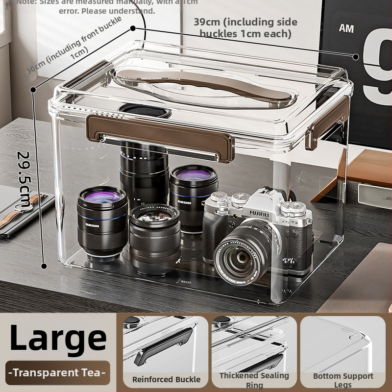 Uždaroma skaidri PET laikymo dėžė su rankena — storinto dizaino, tinkama namams ir biurui, atspari dulkėms ir drėgmei.