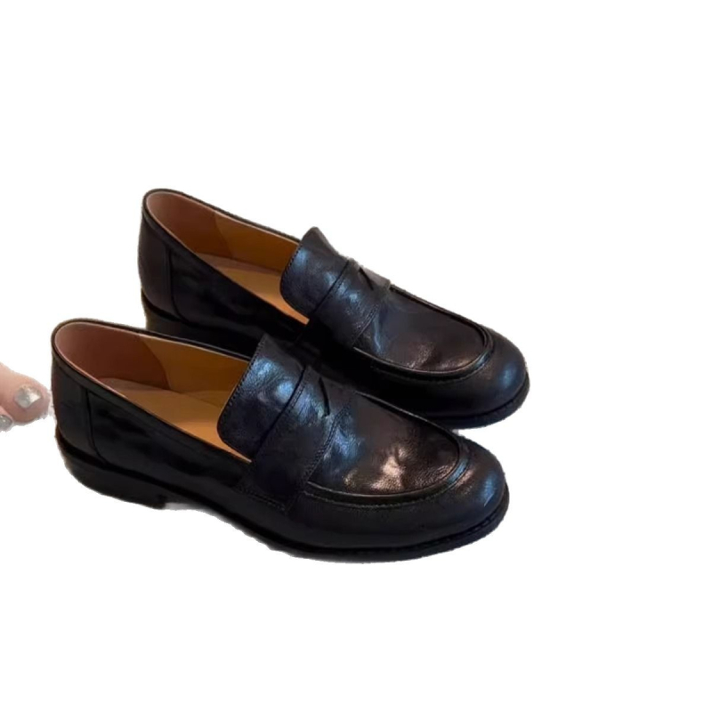 Ženske retro slip-on loaferice s okruglim nosom, gornji materijal Super Fiber, gumena potplata, niski pet 1–3 cm