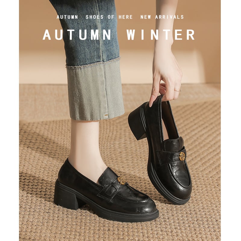 Moteriški loaferiai iš avies odos su apvaliu nosimi, stora kulnė 3-5 cm, retro stilius