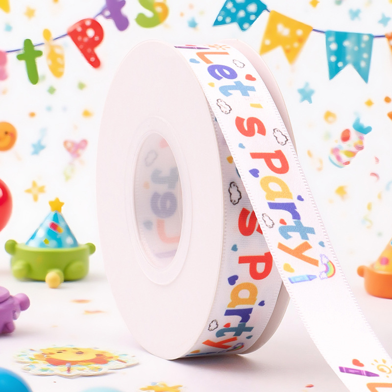 Ribbon imprimat digital – design cu tort desen animat pentru Ziua Copilului, brand Dongding; potrivit pentru împachetarea cadourilor, ambalaj, DIY handmade și accesorii pentru panglici