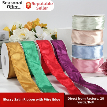 Satīna lente ar stieples malas, vienpusēja spīdīga, poliesters, zīmols Ckacheychi/khakiqi, Ziemassvētku dekorācijām, dāvanu iesaiņošanai, pušķu veidošanai