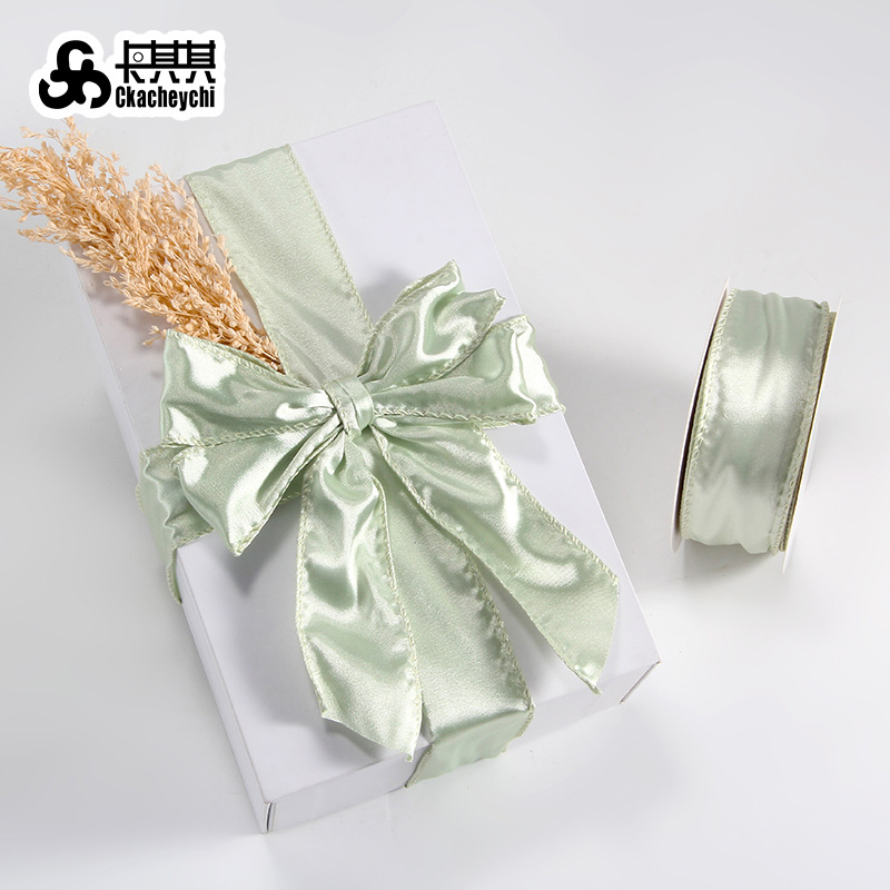 Сатенова лента с телен кант, едностранна, полиестер, марка Ckacheychi/khakiqi, за коледни украси, опаковки и букети