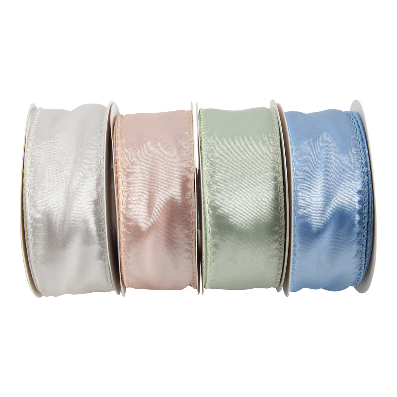 Сатенова лента с телен кант, едностранна, полиестер, марка Ckacheychi/khakiqi, за коледни украси, опаковки и букети