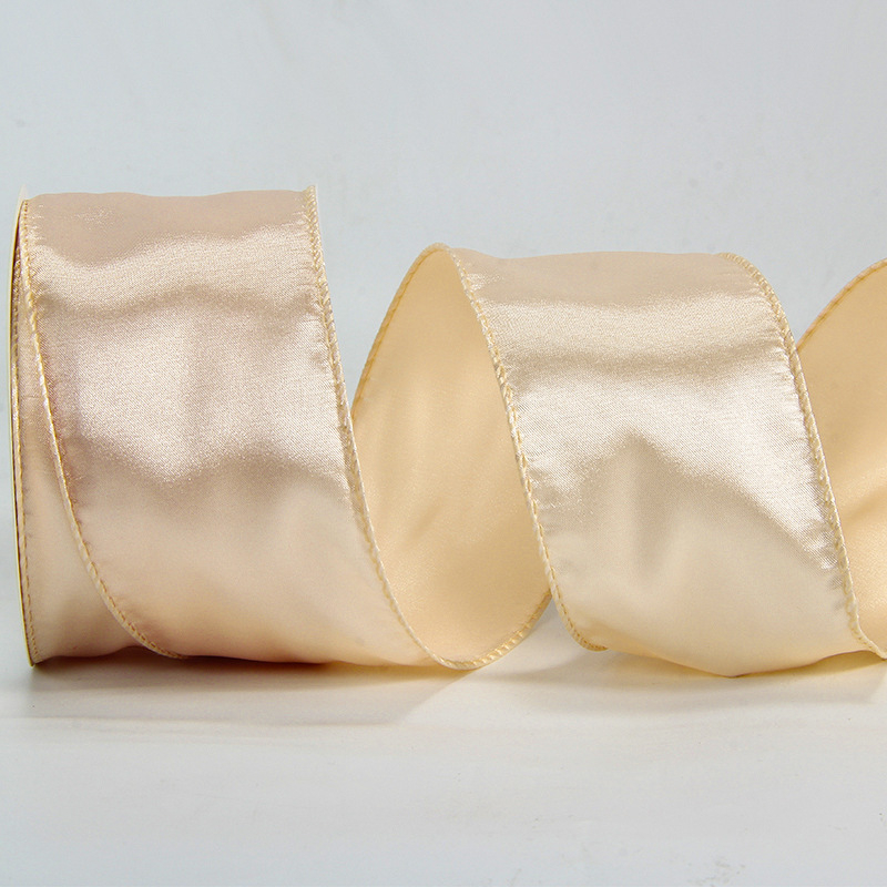 Сатенова лента с телен кант, едностранна, полиестер, марка Ckacheychi/khakiqi, за коледни украси, опаковки и букети