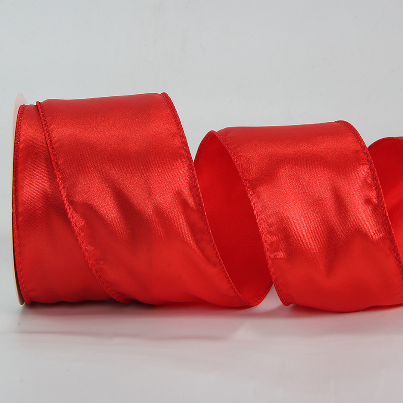 Сатенова лента с телен кант, едностранна, полиестер, марка Ckacheychi/khakiqi, за коледни украси, опаковки и букети