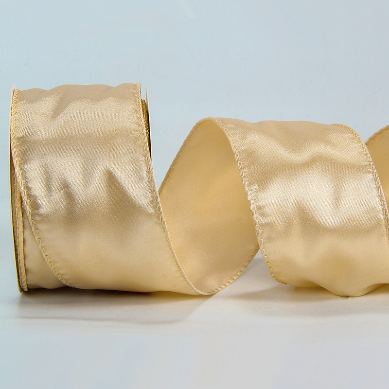 Сатенова лента с телен кант, едностранна, полиестер, марка Ckacheychi/khakiqi, за коледни украси, опаковки и букети