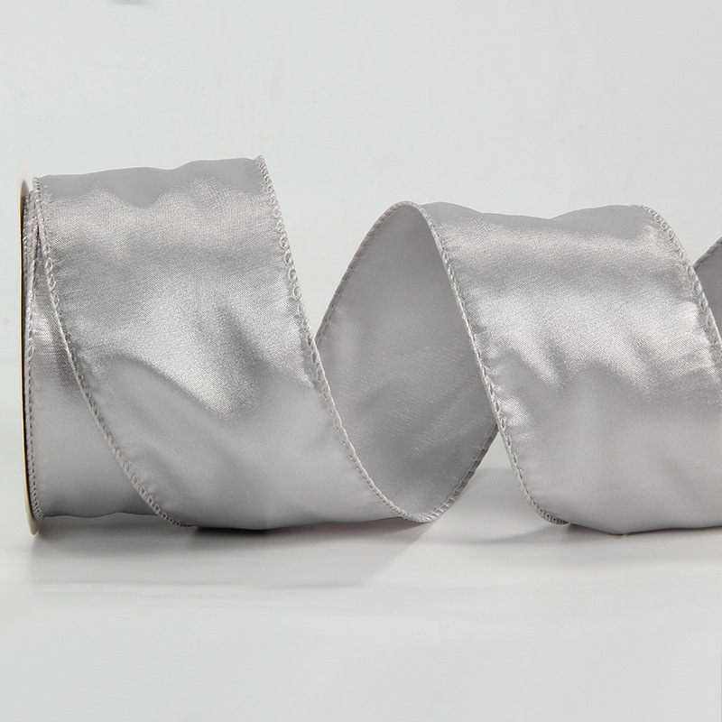 Сатенова лента с телен кант, едностранна, полиестер, марка Ckacheychi/khakiqi, за коледни украси, опаковки и букети