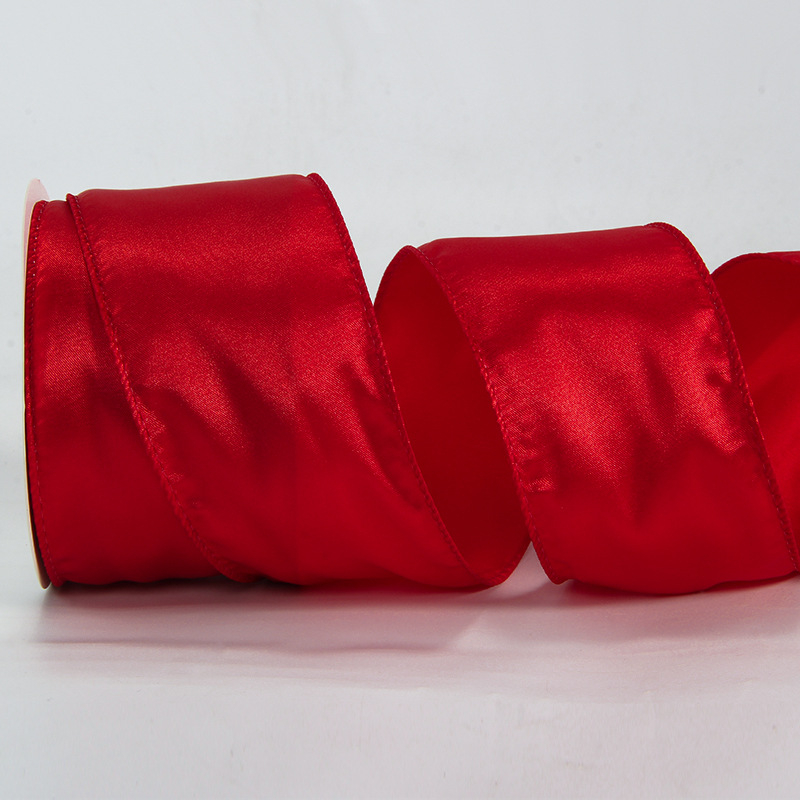 Сатенова лента с телен кант, едностранна, полиестер, марка Ckacheychi/khakiqi, за коледни украси, опаковки и букети