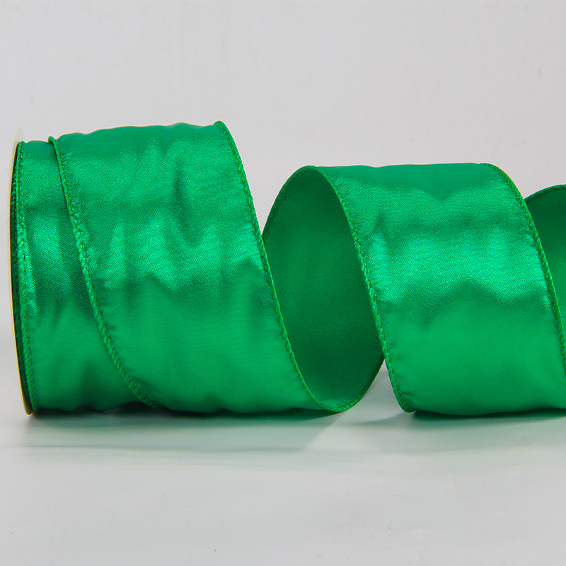 Сатенова лента с телен кант, едностранна, полиестер, марка Ckacheychi/khakiqi, за коледни украси, опаковки и букети