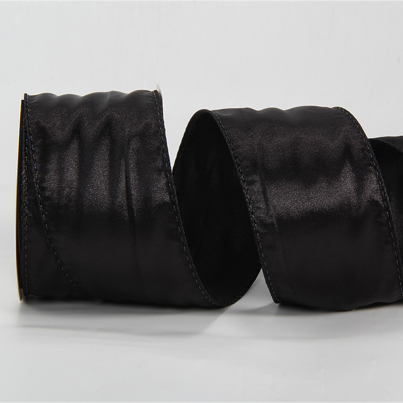 Сатенова лента с телен кант, едностранна, полиестер, марка Ckacheychi/khakiqi, за коледни украси, опаковки и букети