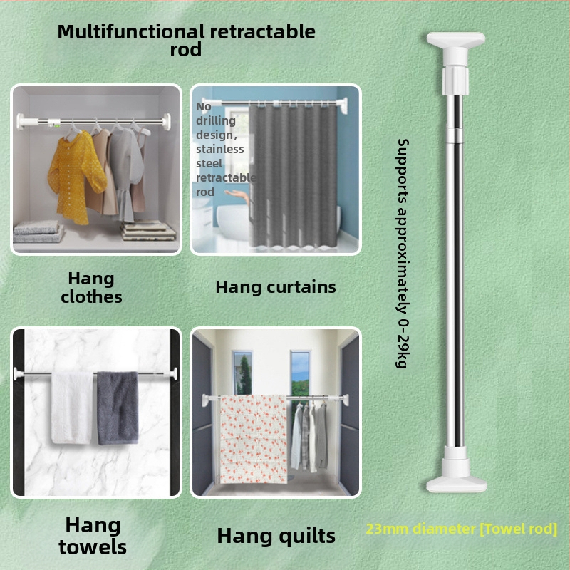 Nerūdijančio plieno teleskopinė skalbinių lazda balkonui – sutirštinta, daugiafunkcinė užuolaidoms/garderobei/dušo užuolaidai