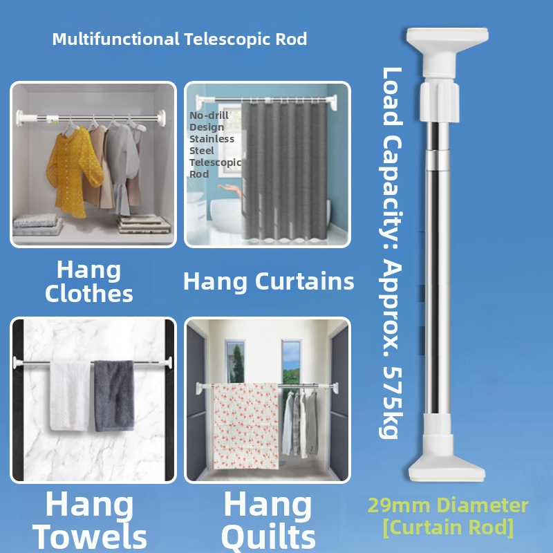 Nerūdijančio plieno teleskopinė skalbinių lazda balkonui – sutirštinta, daugiafunkcinė užuolaidoms/garderobei/dušo užuolaidai