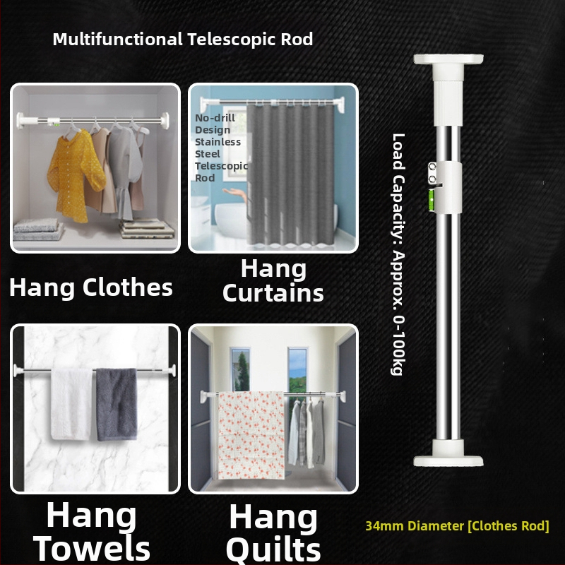 Nerūdijančio plieno teleskopinė skalbinių lazda balkonui – sutirštinta, daugiafunkcinė užuolaidoms/garderobei/dušo užuolaidai