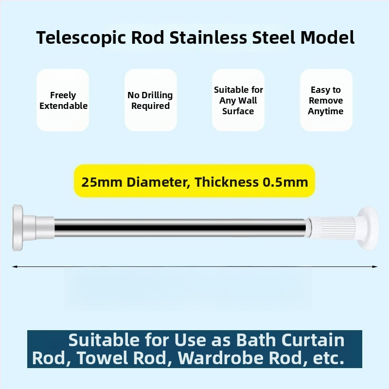 Telescopinė užuolaidų lazda, be gręžimo, nerūdijantis plienas/karbonplienas/ABS, dušai, drabužių spintai ir miegamojo atskyrimui, šiuolaikinis minimalistinis stilius