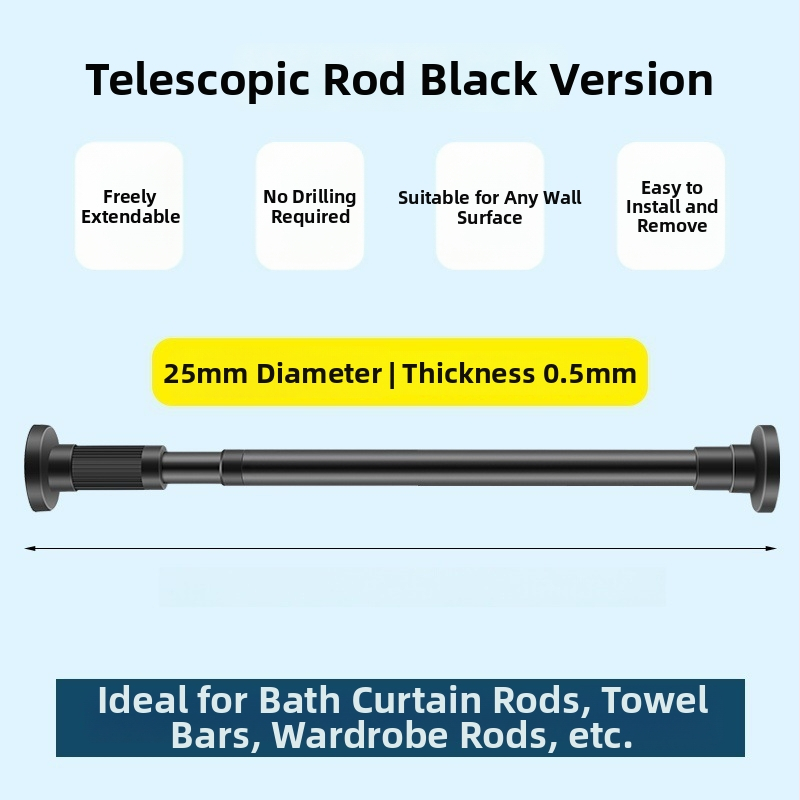 Telescopinė užuolaidų lazda, be gręžimo, nerūdijantis plienas/karbonplienas/ABS, dušai, drabužių spintai ir miegamojo atskyrimui, šiuolaikinis minimalistinis stilius