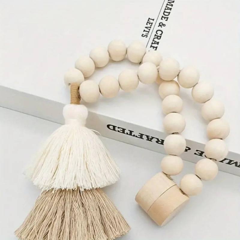 Užuolaidų sagtis su vaivorykštinėmis mediniais karoliukais, magnetinis rišimas, modernus minimalistinis stilius, pritaikymas neleidžiamas