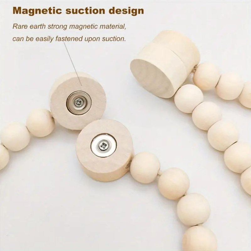 Užuolaidų sagtis su vaivorykštinėmis mediniais karoliukais, magnetinis rišimas, modernus minimalistinis stilius, pritaikymas neleidžiamas