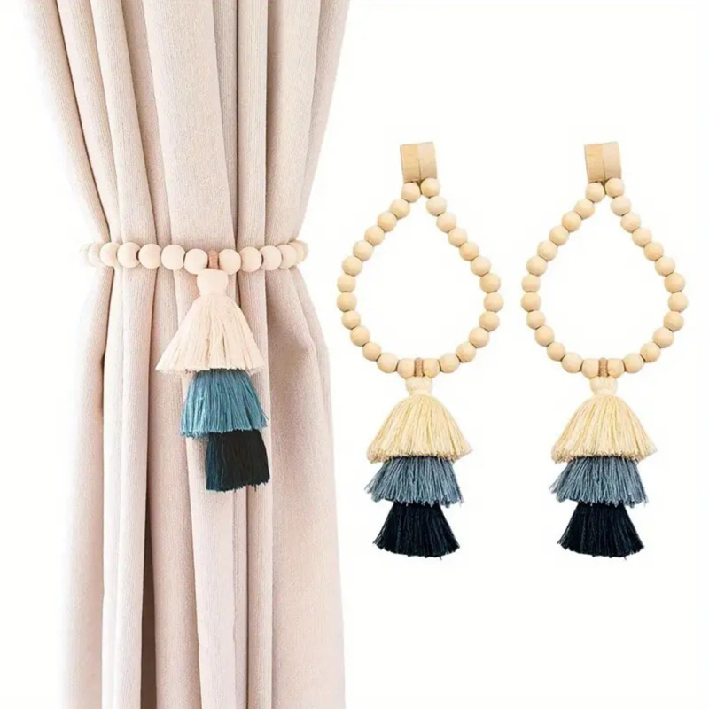 Užuolaidų sagtis su vaivorykštinėmis mediniais karoliukais, magnetinis rišimas, modernus minimalistinis stilius, pritaikymas neleidžiamas