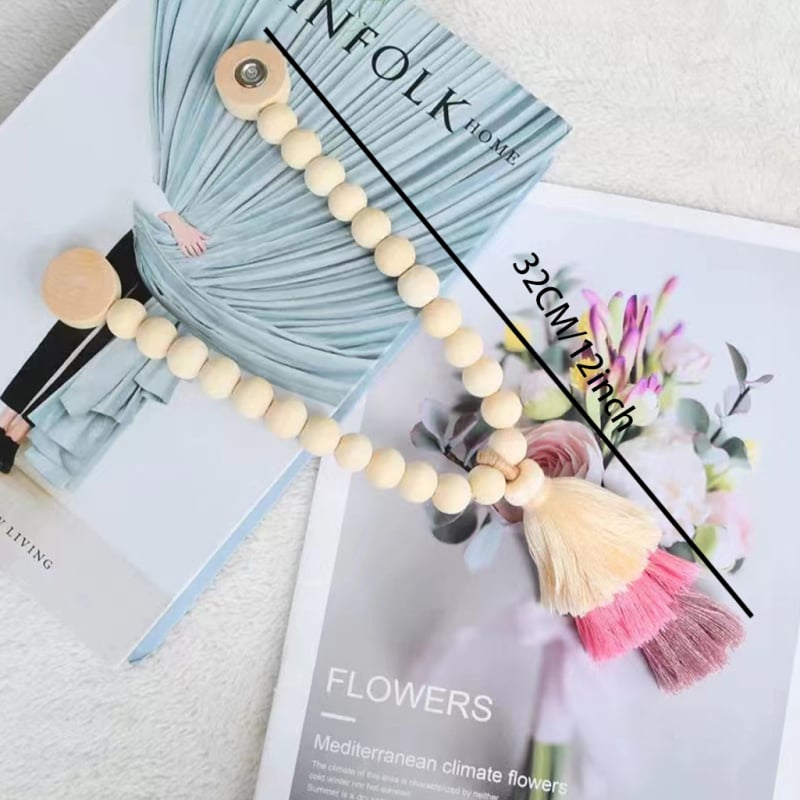 Užuolaidų sagtis su vaivorykštinėmis mediniais karoliukais, magnetinis rišimas, modernus minimalistinis stilius, pritaikymas neleidžiamas