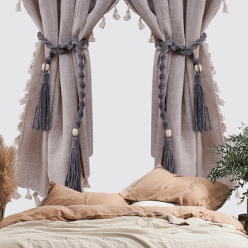 Curea pentru perdele cu ciucuri – boem, din sfoară de bumbac țesută manual, personalizabilă, etichetă privată