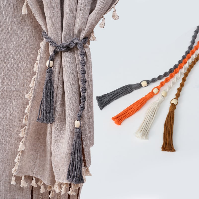 Curea pentru perdele cu ciucuri – boem, din sfoară de bumbac țesută manual, personalizabilă, etichetă privată