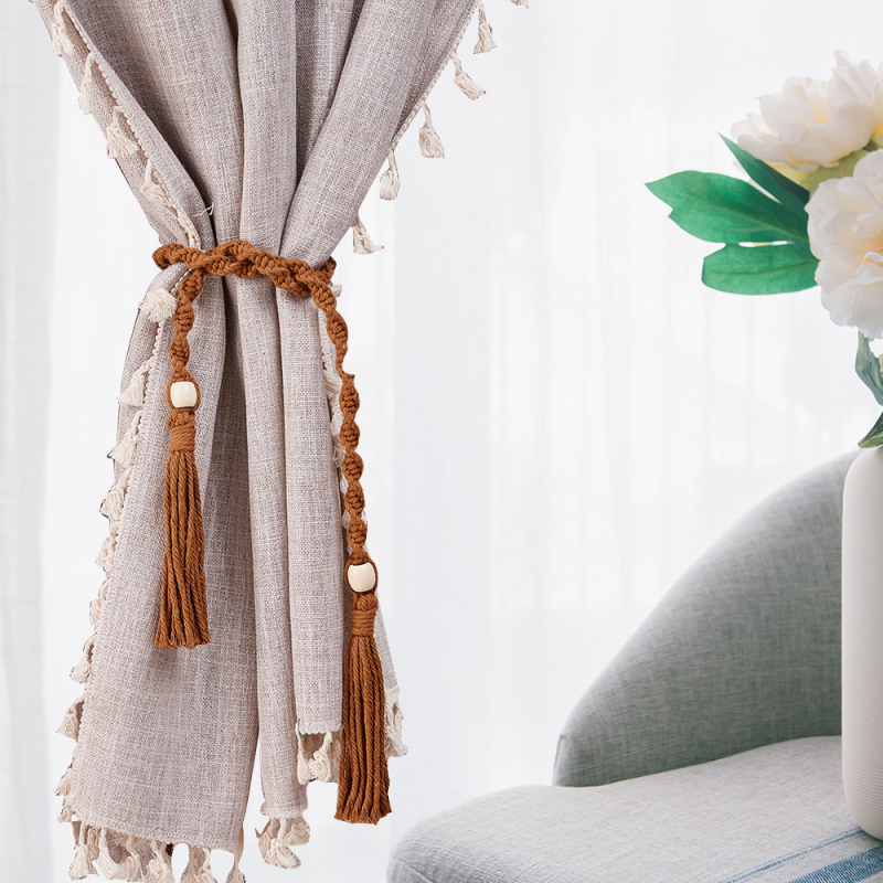 Curea pentru perdele cu ciucuri – boem, din sfoară de bumbac țesută manual, personalizabilă, etichetă privată