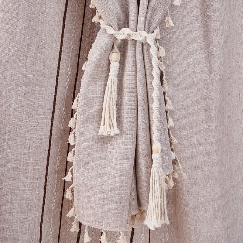 Curea pentru perdele cu ciucuri – boem, din sfoară de bumbac țesută manual, personalizabilă, etichetă privată