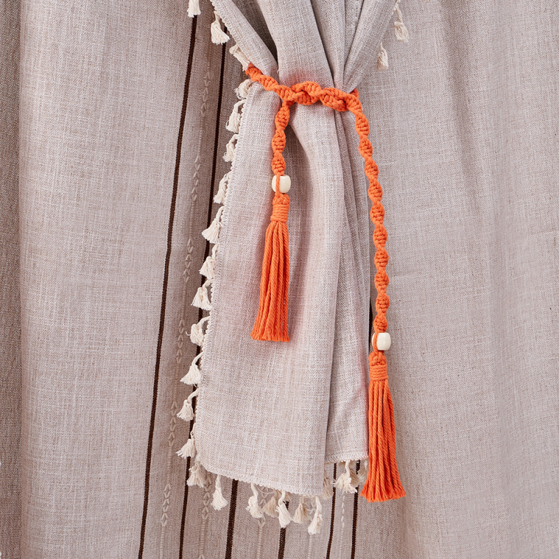 Curea pentru perdele cu ciucuri – boem, din sfoară de bumbac țesută manual, personalizabilă, etichetă privată