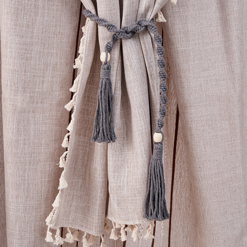 Curea pentru perdele cu ciucuri – boem, din sfoară de bumbac țesută manual, personalizabilă, etichetă privată