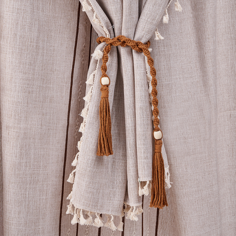 Curea pentru perdele cu ciucuri – boem, din sfoară de bumbac țesută manual, personalizabilă, etichetă privată