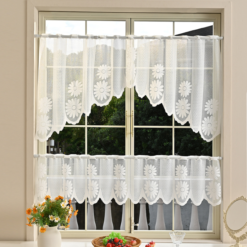 Дантелена кухненска завеса, комплект от две части, полиестер, дантелена изработка, засенчване 40–70%, модерен стил