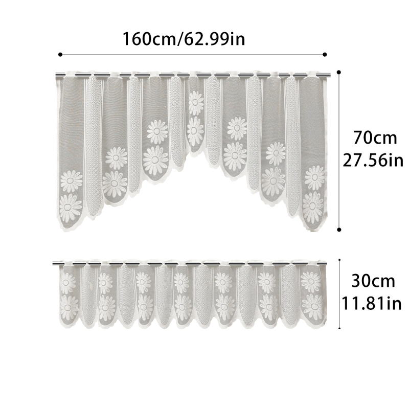 Дантелена кухненска завеса, комплект от две части, полиестер, дантелена изработка, засенчване 40–70%, модерен стил