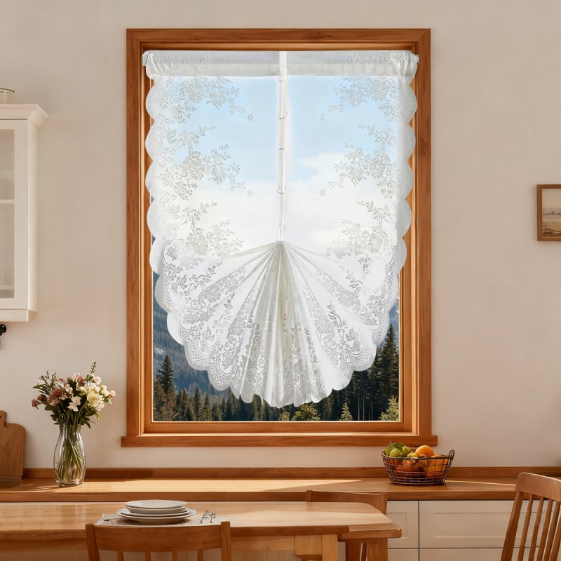 Dantelliga võrkkardin elutoa ja köögi jaoks, polüester, poolvarjutus 40–70%, 100 g/m², kaasaegne minimalistlik stiil