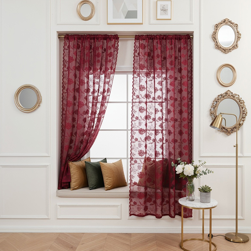 Aknakardinad – väikeste rooside tikand, läbipaistvad, moods minimalistlik stiil, 100% polüester, sobib elutoale, magamistuba, restoranile