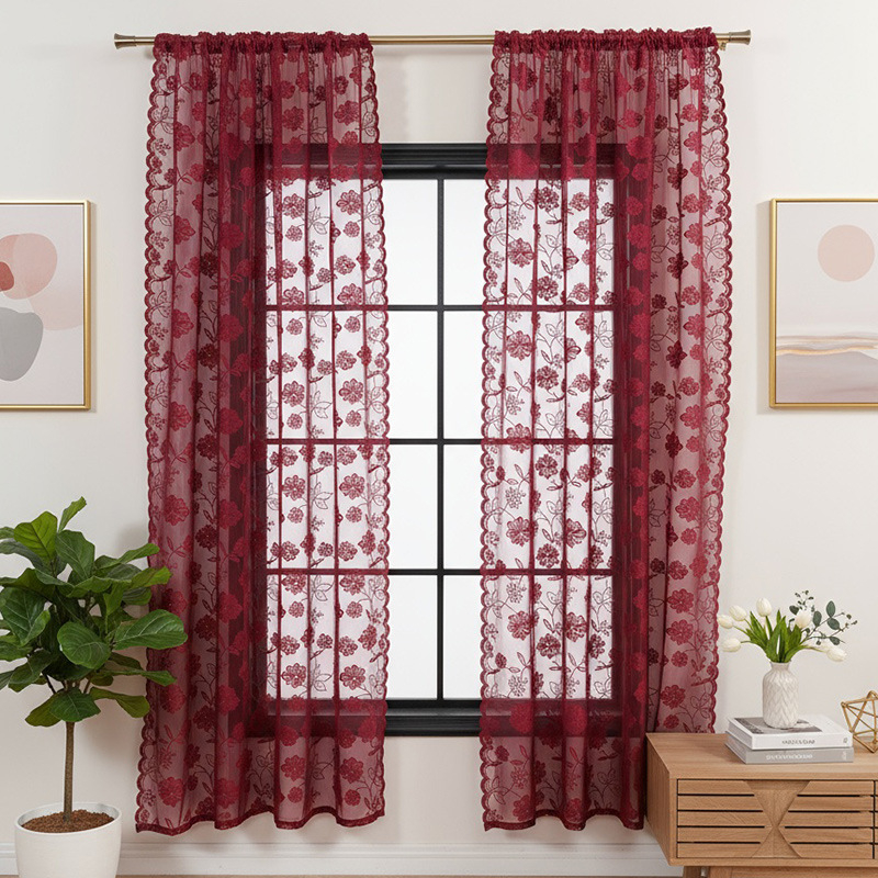 Aknakardinad – väikeste rooside tikand, läbipaistvad, moods minimalistlik stiil, 100% polüester, sobib elutoale, magamistuba, restoranile