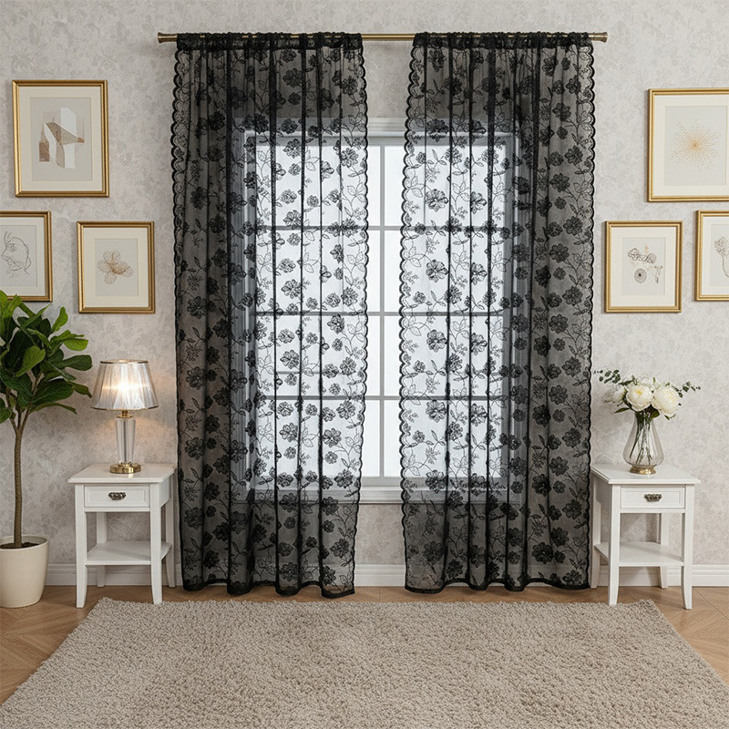 Aknakardinad – väikeste rooside tikand, läbipaistvad, moods minimalistlik stiil, 100% polüester, sobib elutoale, magamistuba, restoranile