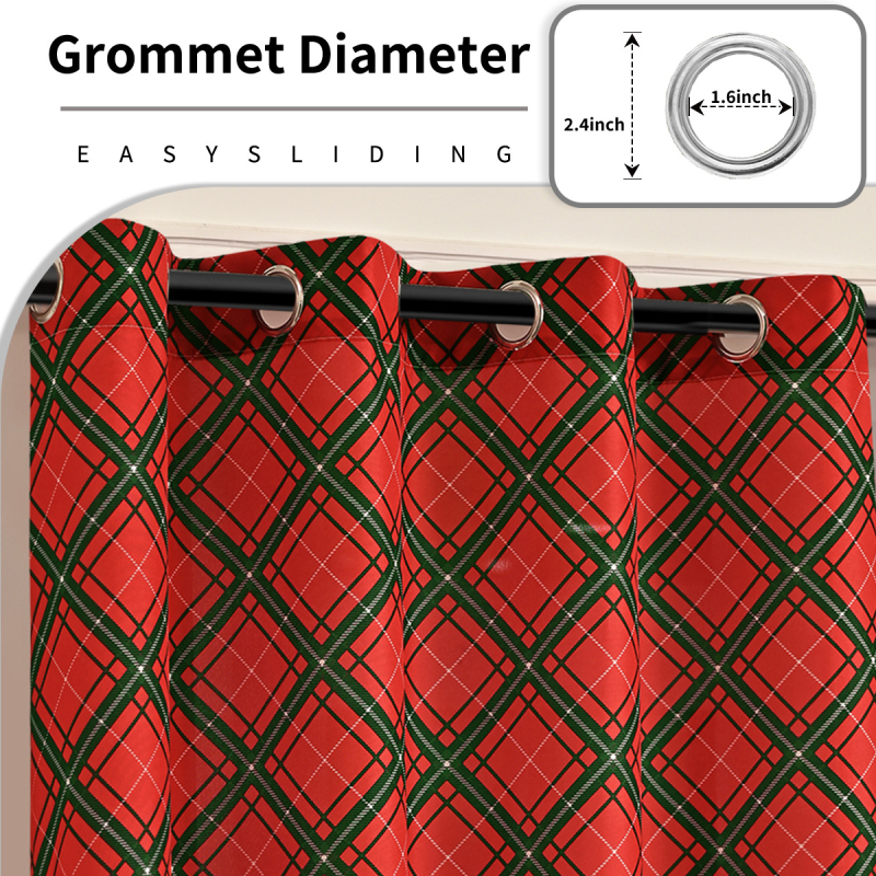 Kalėdinės spausdintos svetainės užuolaidos su perforacijomis, blackout, poliesteris, paruoštos naudoti, dalinis šešėliavimas 40–70%